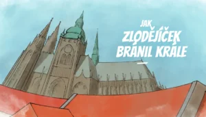 Ilustrace Pražského hradu a katedrály sv. Víta v historickém stylu jako titulní obrázek městské šifrovací hry Jak zlodějíček bránil krále.