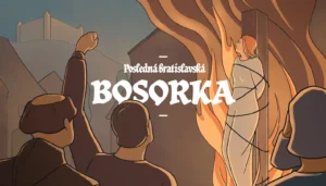 Ilustrácia historickej scény upaľovania bosorky v Bratislave – titulný obrázok šifrovacej hry Posledná bratislavská bosorka.