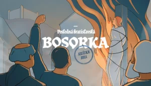 Ilustrácia z mestskej šifrovacej hry Posledná bratislavská bosorka – krátka. Historická scéna s postavou odsúdenou na hranici v uliciach starého mesta.
