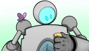 Ilustrovaný robot K-6000 s motýľom na ramene – titulný obrázok detskej online šifrovacej hry Posledný follower – Miesto zrodu.