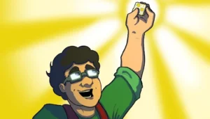 Bobko Takagi drží nad hlavou svoj vynález v detskej šifrovacej hre Posledný follower – Prevratný objav.