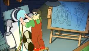 Bobko Takagi testuje novú technológiu a zostrojuje prototyp robota K-6000 vo svojej dielni.