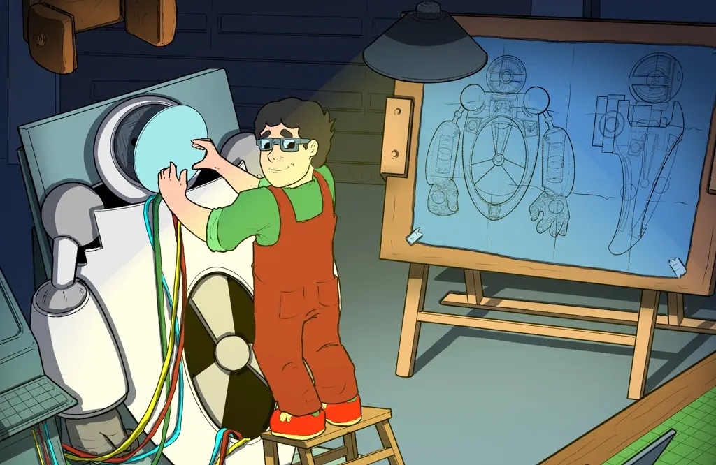 Bobko Takagi testuje novú technológiu a zostrojuje prototyp robota K-6000 vo svojej dielni.