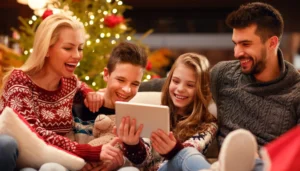 Rodina pri vianočnom stromčeku rieši online šifrovaciu hru na tablete.