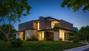 Moderný dom v nočnom prostredí, titulný obrázok hry Zbojnícke esá a Brloh.